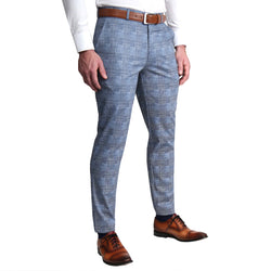 Athletic Fit Stretch Suit Pants - Knit Light Blue, Navy & White Plaid