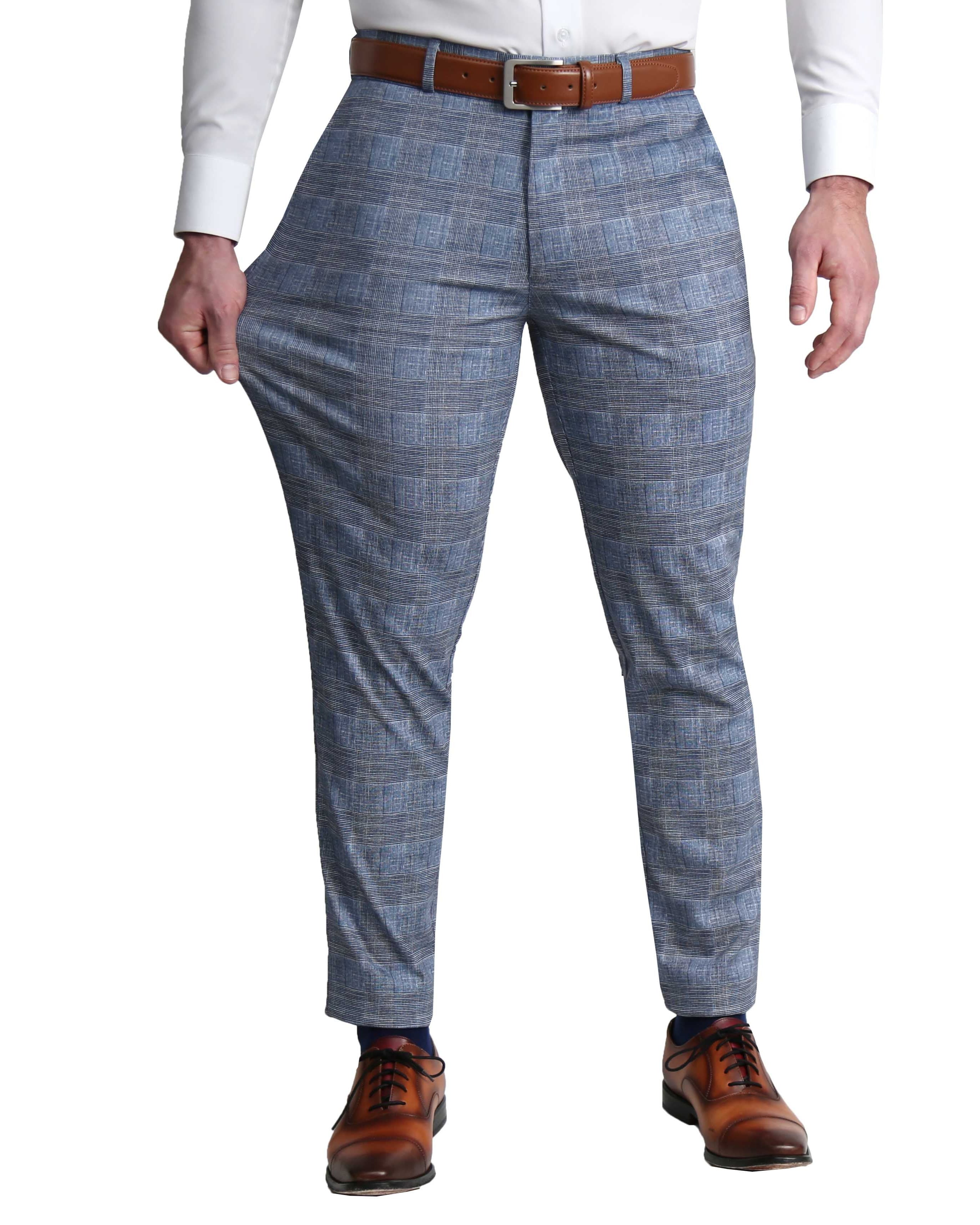Athletic Fit Stretch Suit - Knit Light Blue, Navy and White Plaid
