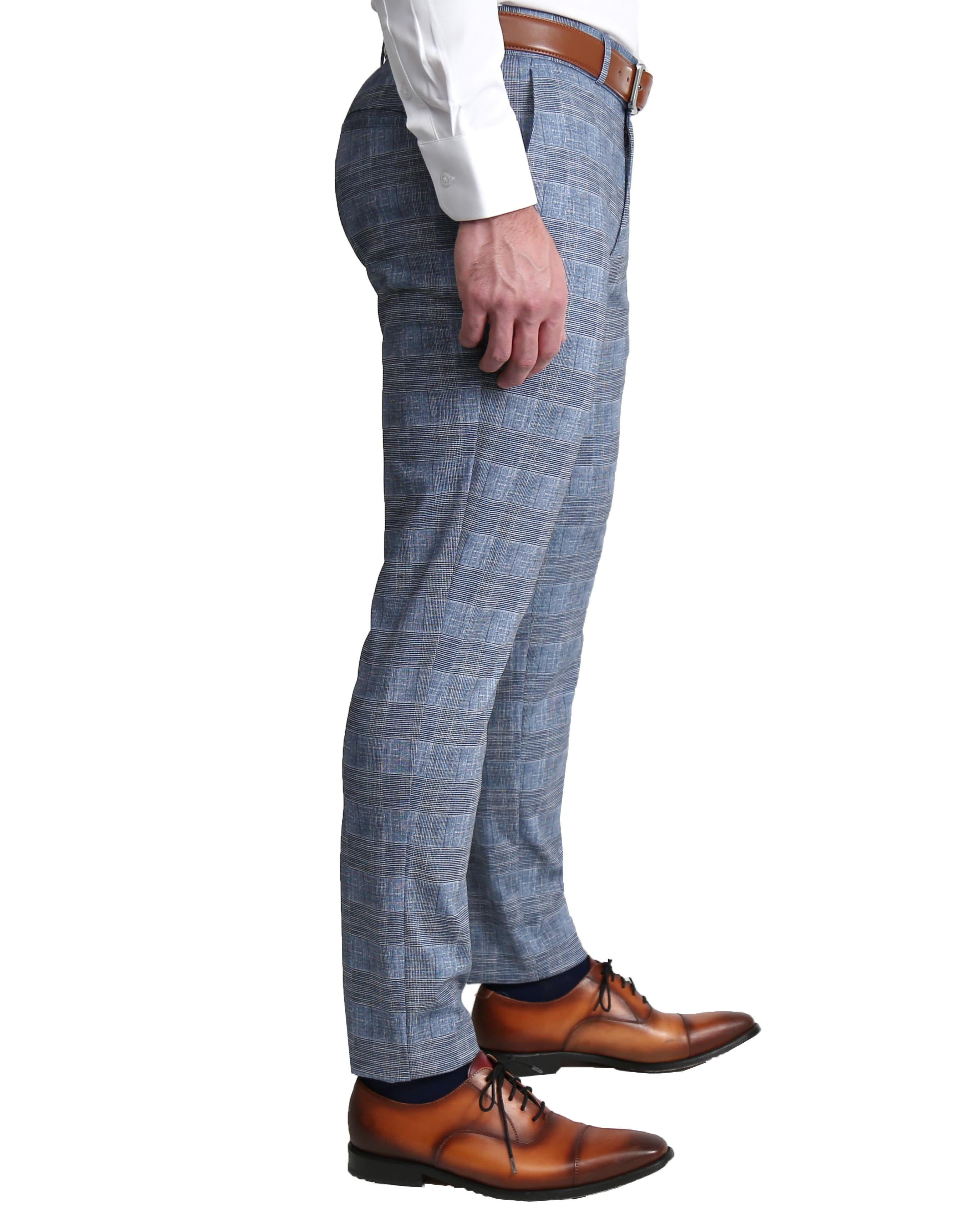 Athletic Fit Stretch Suit - Knit Light Blue, Navy and White Plaid