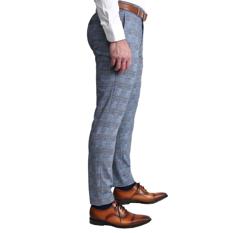 Athletic Fit Stretch Suit Pants - Knit Light Blue, Navy & White Plaid