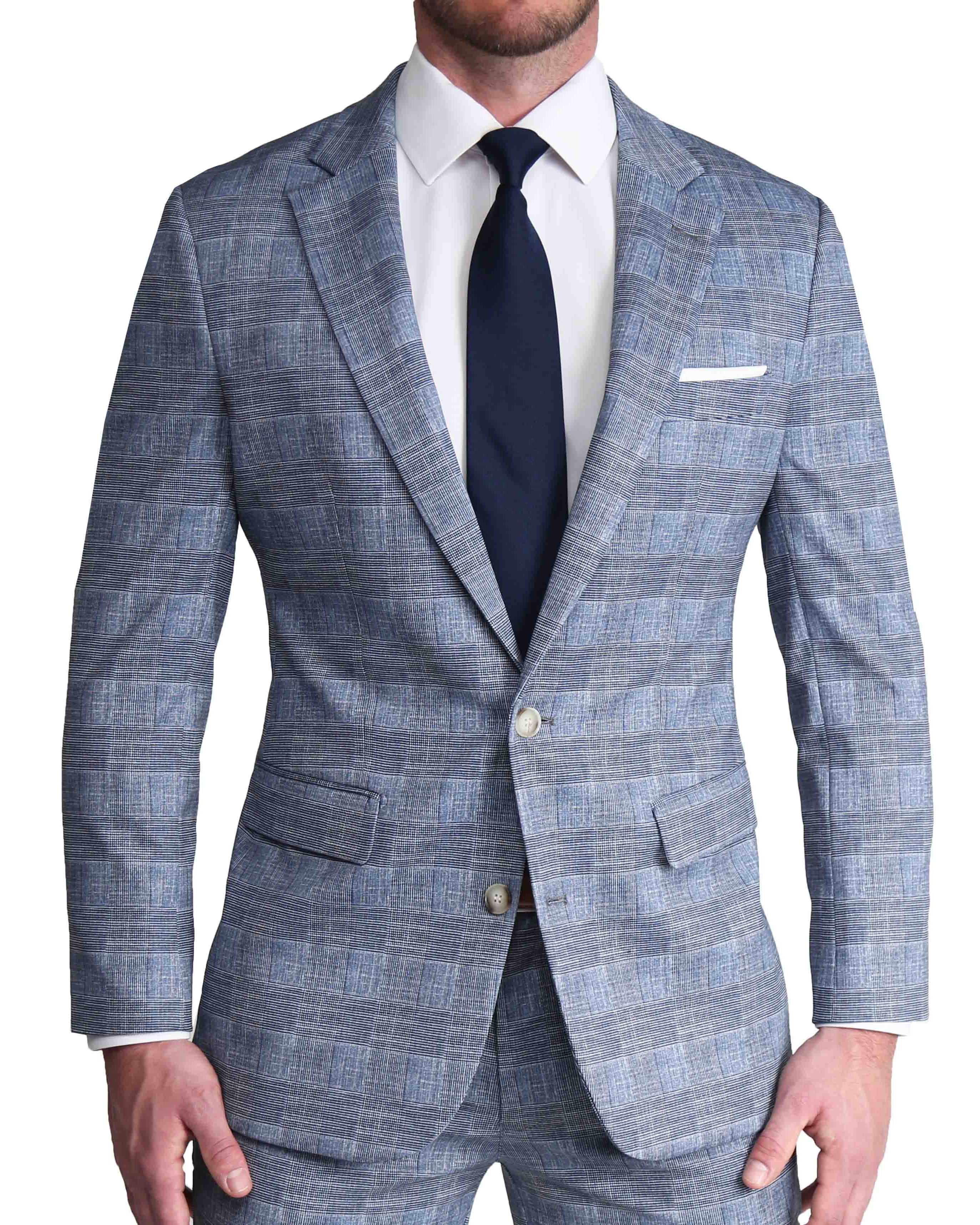 Athletic Fit Stretch Suit - Knit Light Blue, Navy and White Plaid