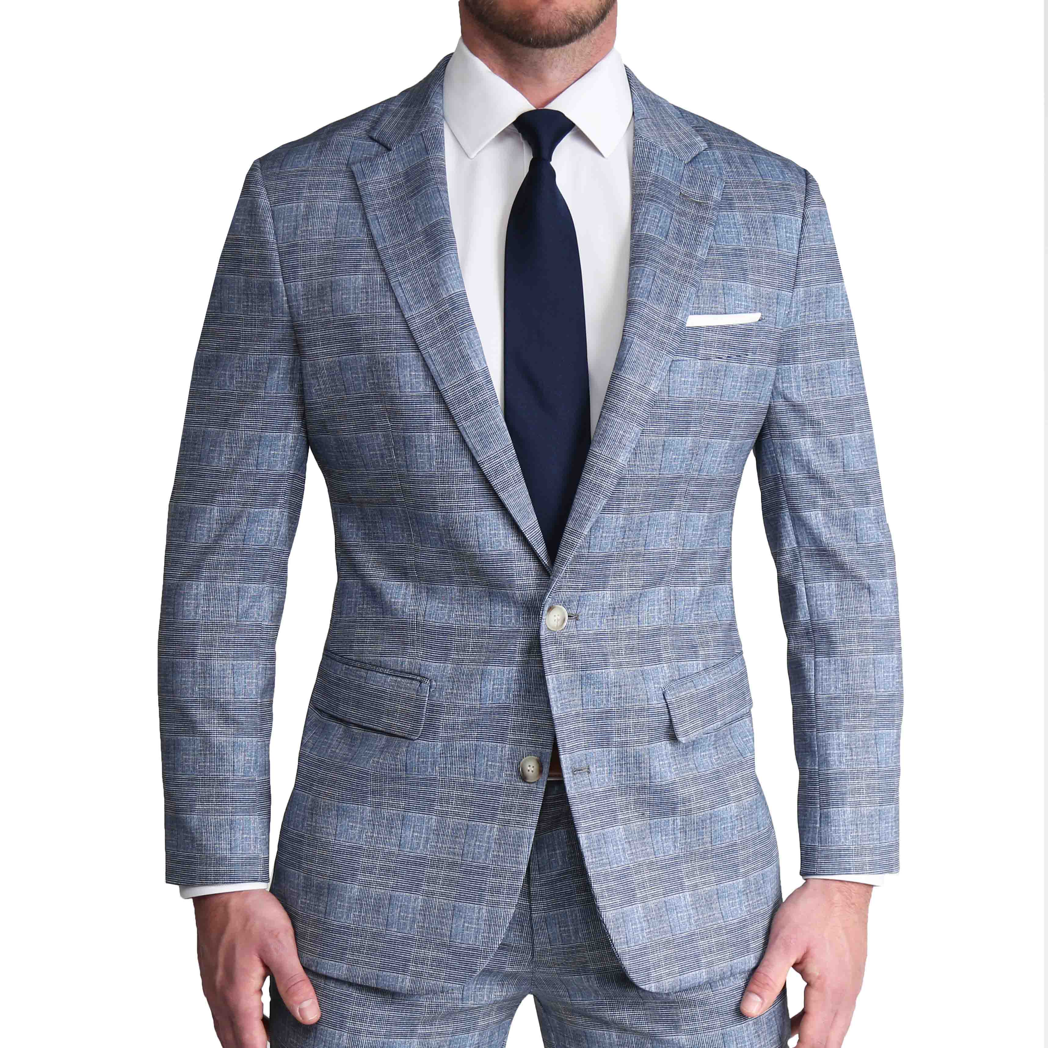 Athletic Fit Stretch Suit - Knit Light Blue, Navy and White Plaid