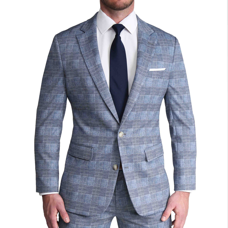 Athletic Fit Stretch Suit - Knit Light Blue, Navy and White Plaid