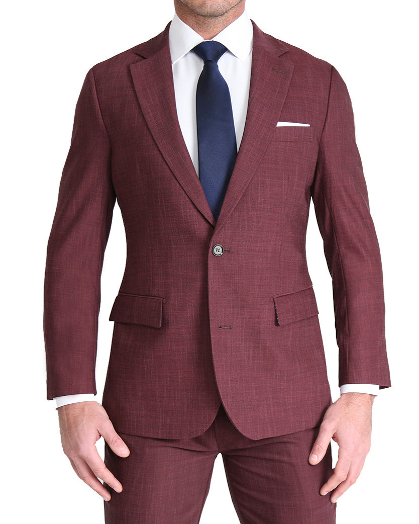 A heathered maroon stretch blazer with a single-breasted, two-button design, medium peak lapels, lightly padded shoulders, brown buttons, a ticket pocket, and a double vent.