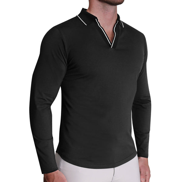 Tipped Long Sleeve Polo - Black with White
