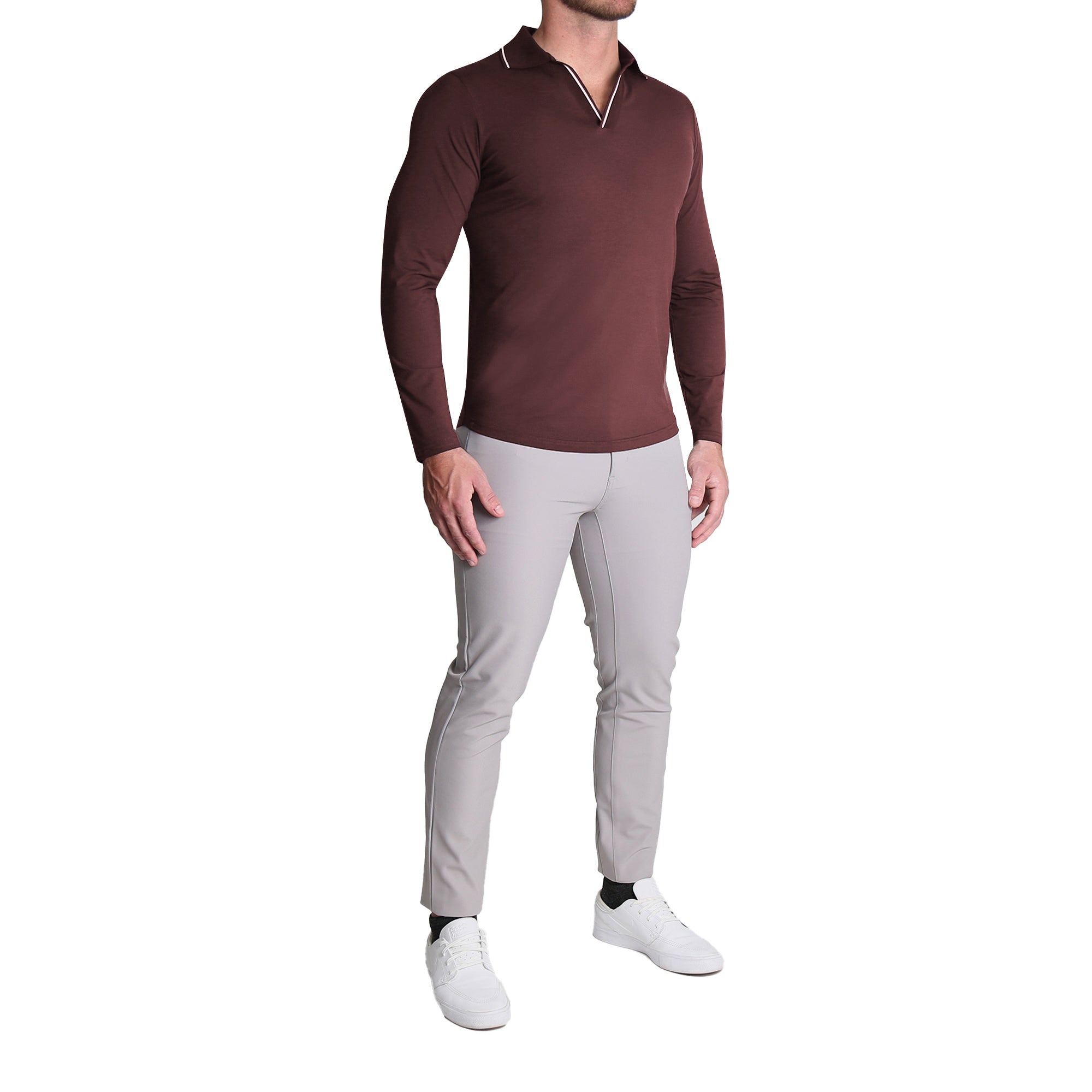 Tipped Long Sleeve Polo - Maroon