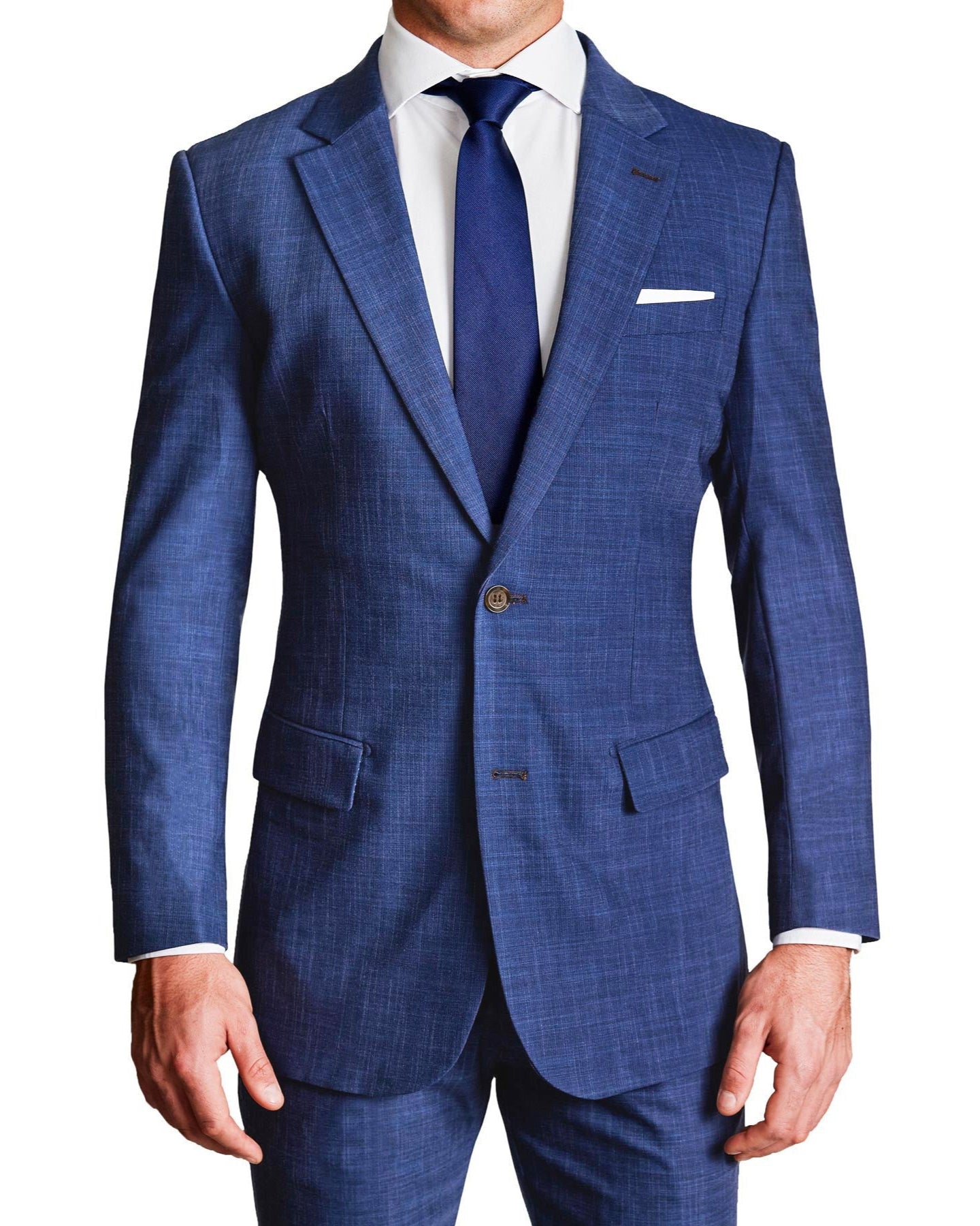 A heathered blue stretch blazer with a single-breasted, two-button design, medium notch lapels, lightly padded shoulders, brown buttons, standard pockets, and a double vent.